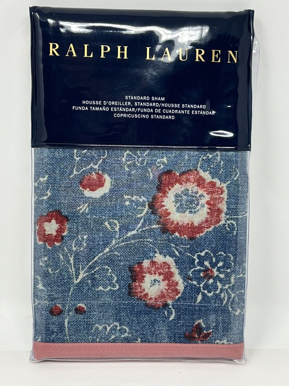 Ralph Lauren Indigo Traveler Standard Pillow Sham Blue Floral Denim Red Pink NIP